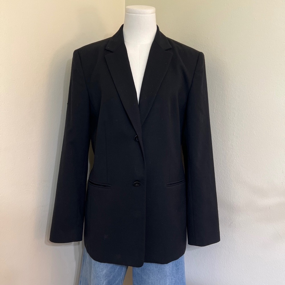 Talbots Womens Black Wool Blend Stretch Two Button Blazer Jacket Size 8